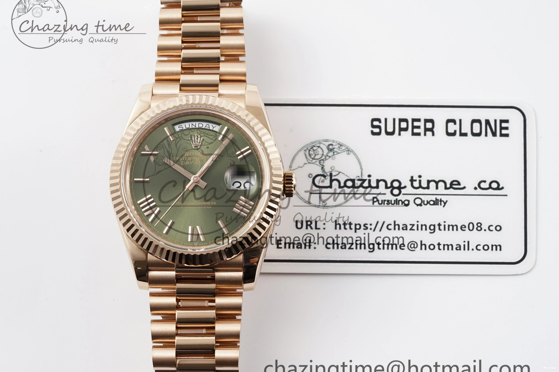 MiroTime 0516 DayDate 40 RG JDF Gain Weight 904L Steel Green Dial Roman Markers on President Bracelet A2836 V Trendsetting 1816